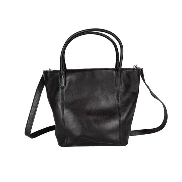 Bechamel Womens Black Leather Double Handles Detachable Strap Pockets Tote Bag - Picture 4 of 8